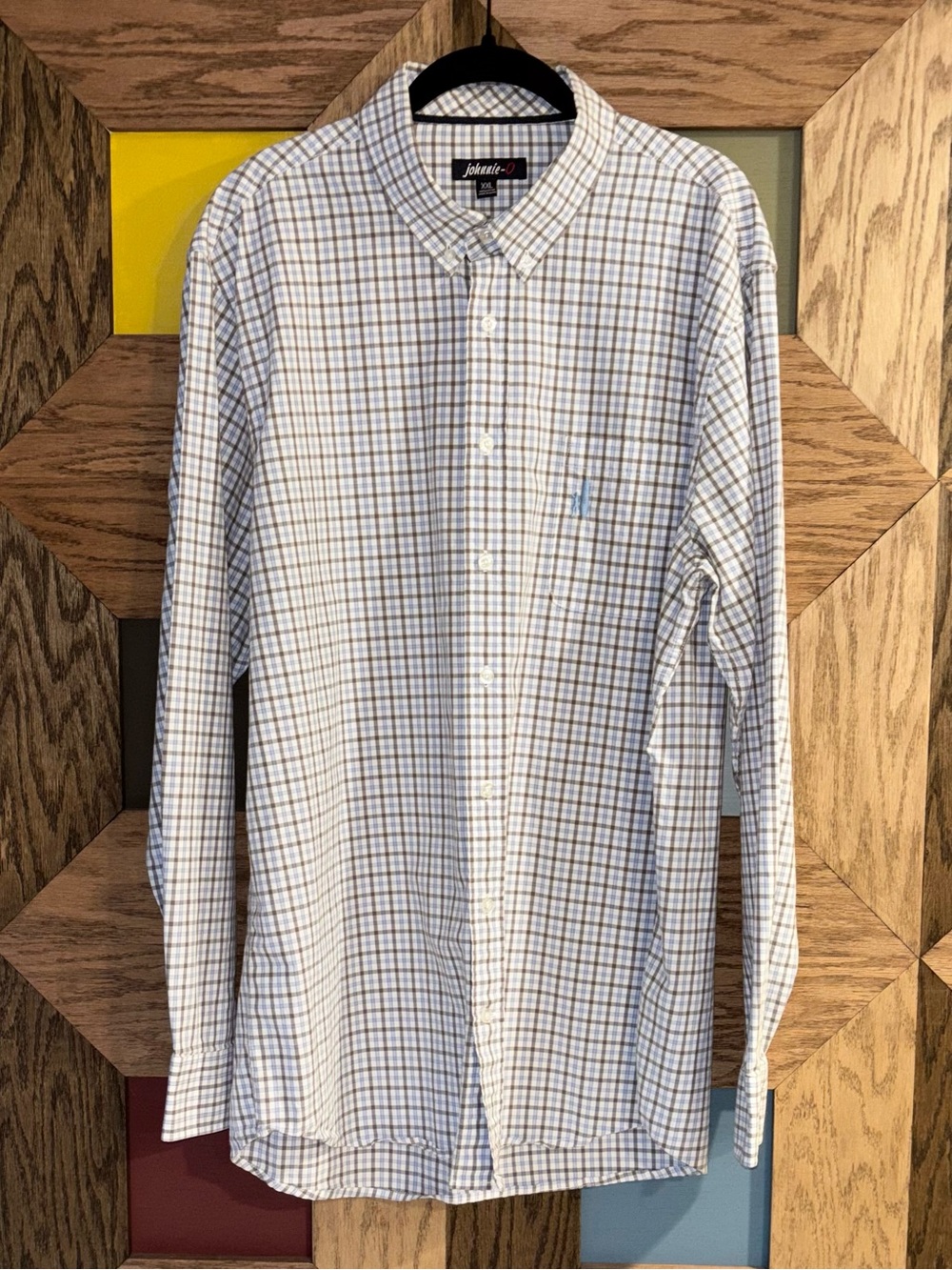 Johnnie-O Plaid Shirt Men’s Long Sleeve 100% Cotton White Blue Button Down XXL